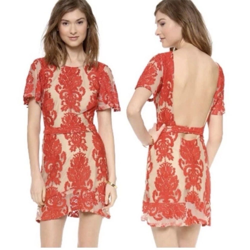 For Love and Lemons Red San Marcos Backless Mini Dress Lace Overlay size XS